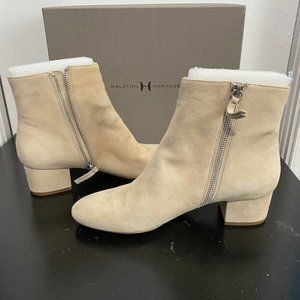 Halston Heritage Gabbie Suede Bootie Size 8 Buff Color Brand New with Box